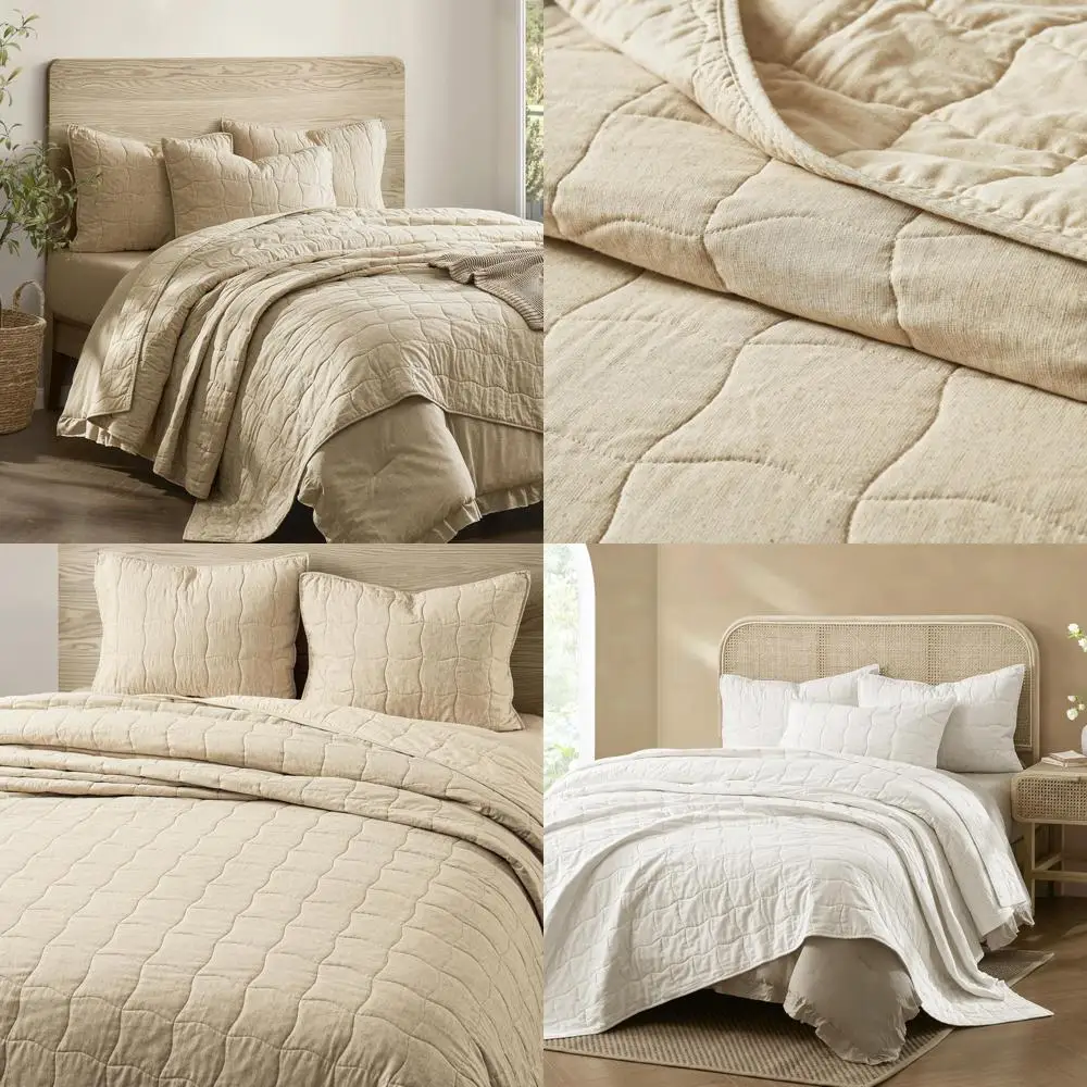 

Elegant Wavy Stitch Linen Cotton King Quilt - Beige, 100% Cotton Fill, Pre-Washed, Plush & Airy