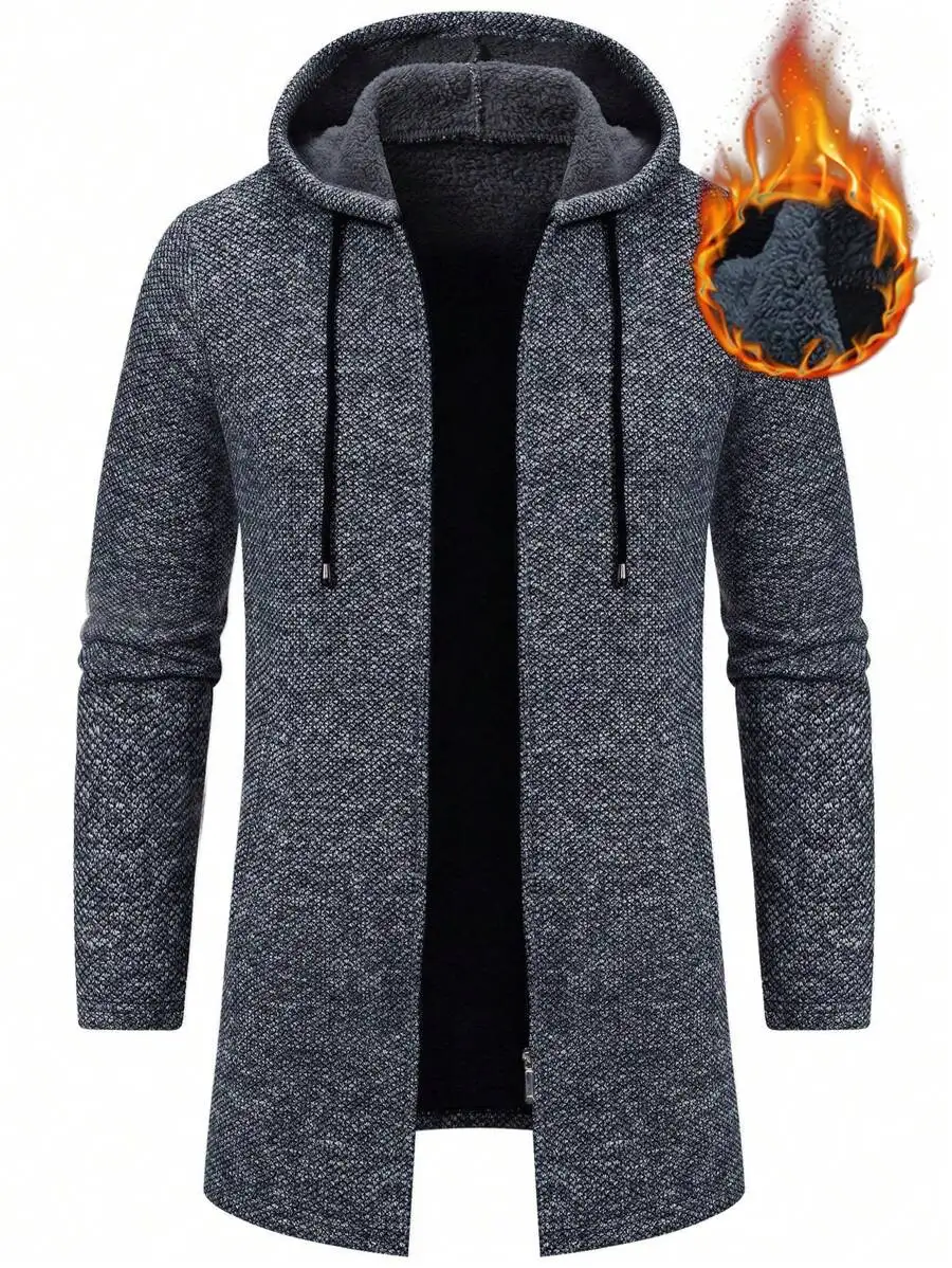 

Men's Thermal-Lined Hooded Long Cardigan, Knit Outerwear for Autumn Winter