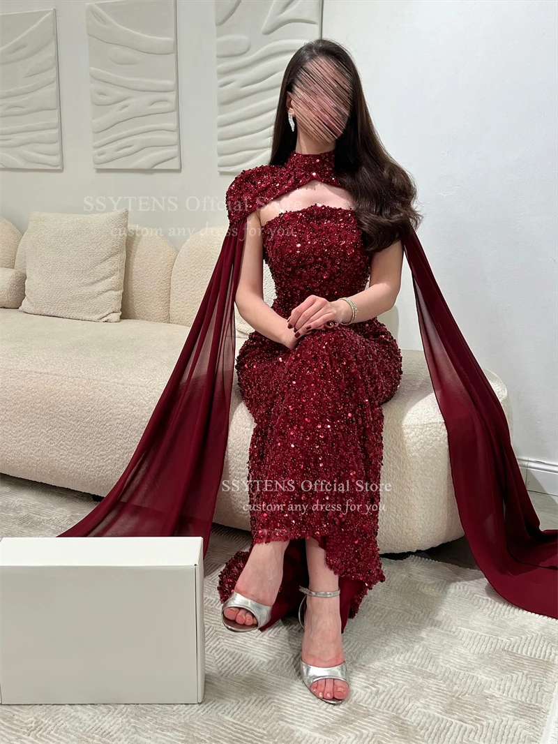 SSYTENS Elegant Red Formal Dress Shiny Sequined Wedding Evening Gowns Cape Sleeves Long Saudi Arabia Prom Dresses Customized