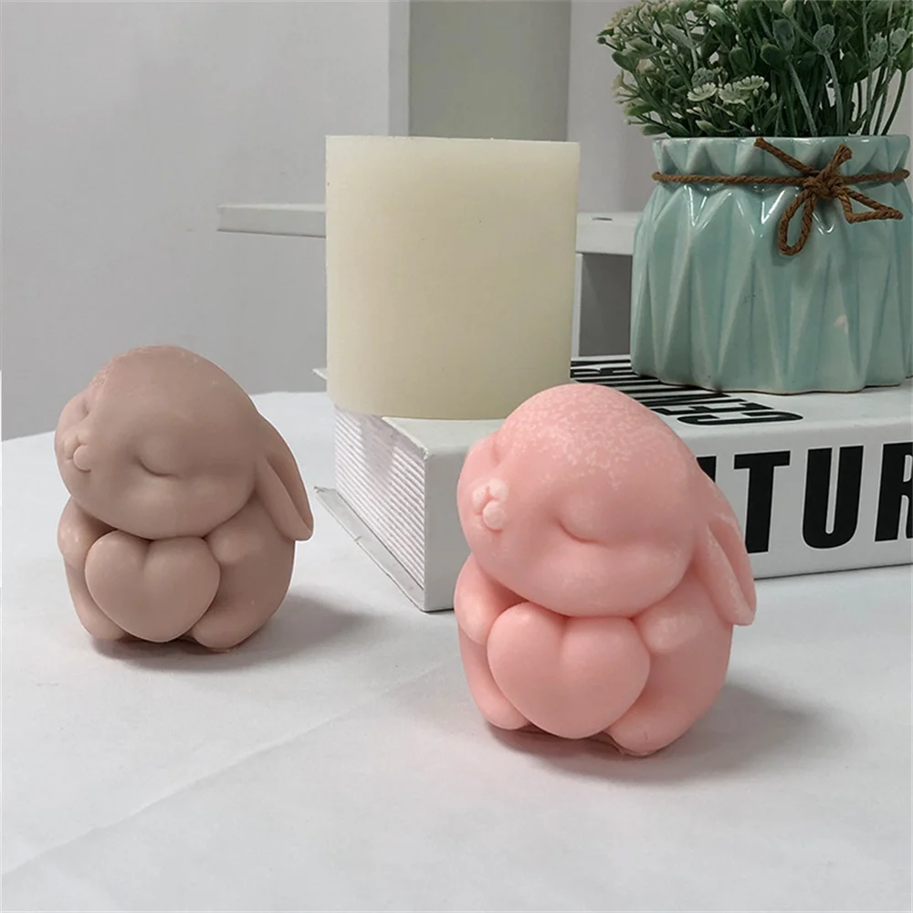 Cute 3D Easter Rabbit Holding Heart Slicone Candle Soap Mold DIY Lovely Bunny Handicraft Ormanet Wax Mould Home Decor Gifts