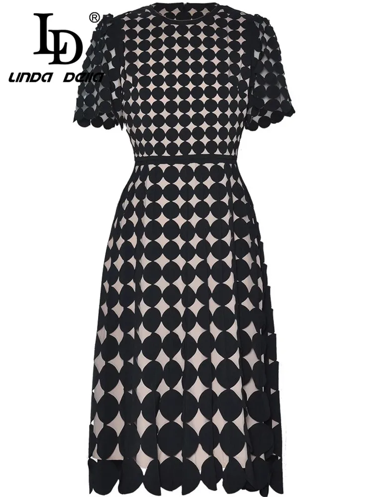 LD LINDA DELLA رقبة دائرية وأكمام قصيرة وخصر مجوف تصميم على طراز الأميرة فستان عصري لصيف 2025 عنصر جديد