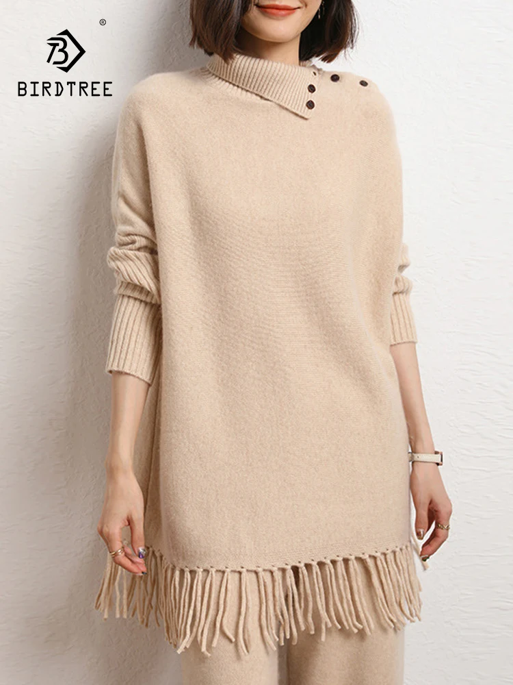 

BirdTree, 35% Cashmere 65% Wool Elegant Sweaters, Women Lapel Tassels, Loose Casual Pullover Dress, 2024 Autumn Winter T48724QC