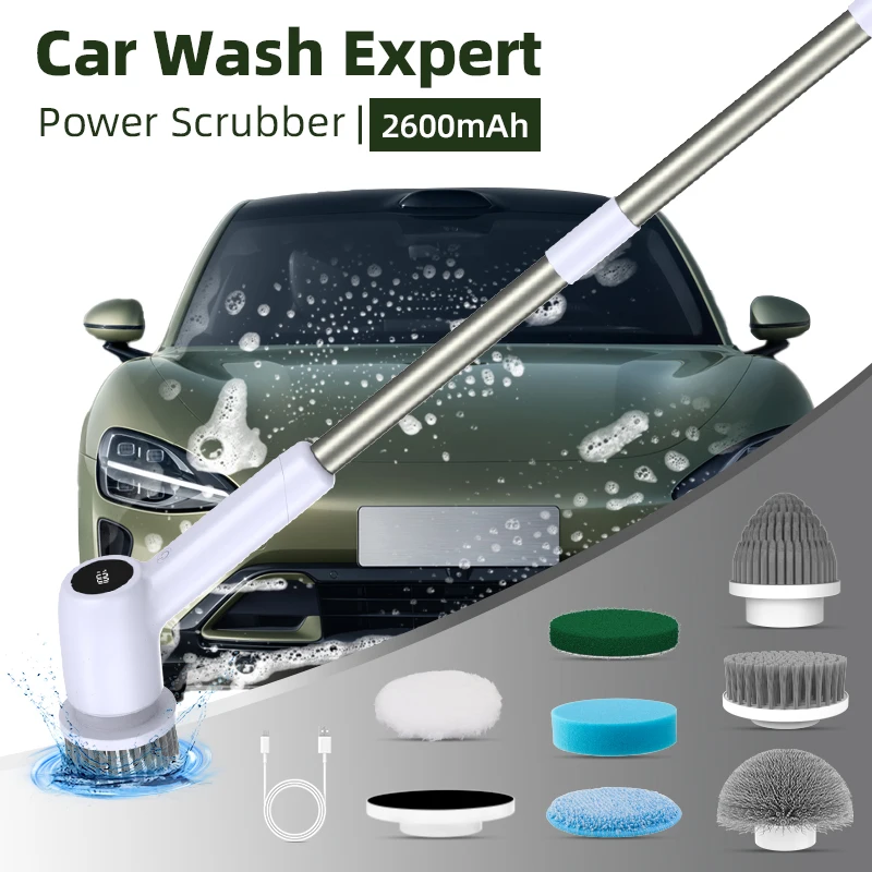 防水電動スピンスクラバーコードレスクリーニングブラシシャワースクラバー、交換可能なブラシヘッド7個付き、バスタブタイル床用