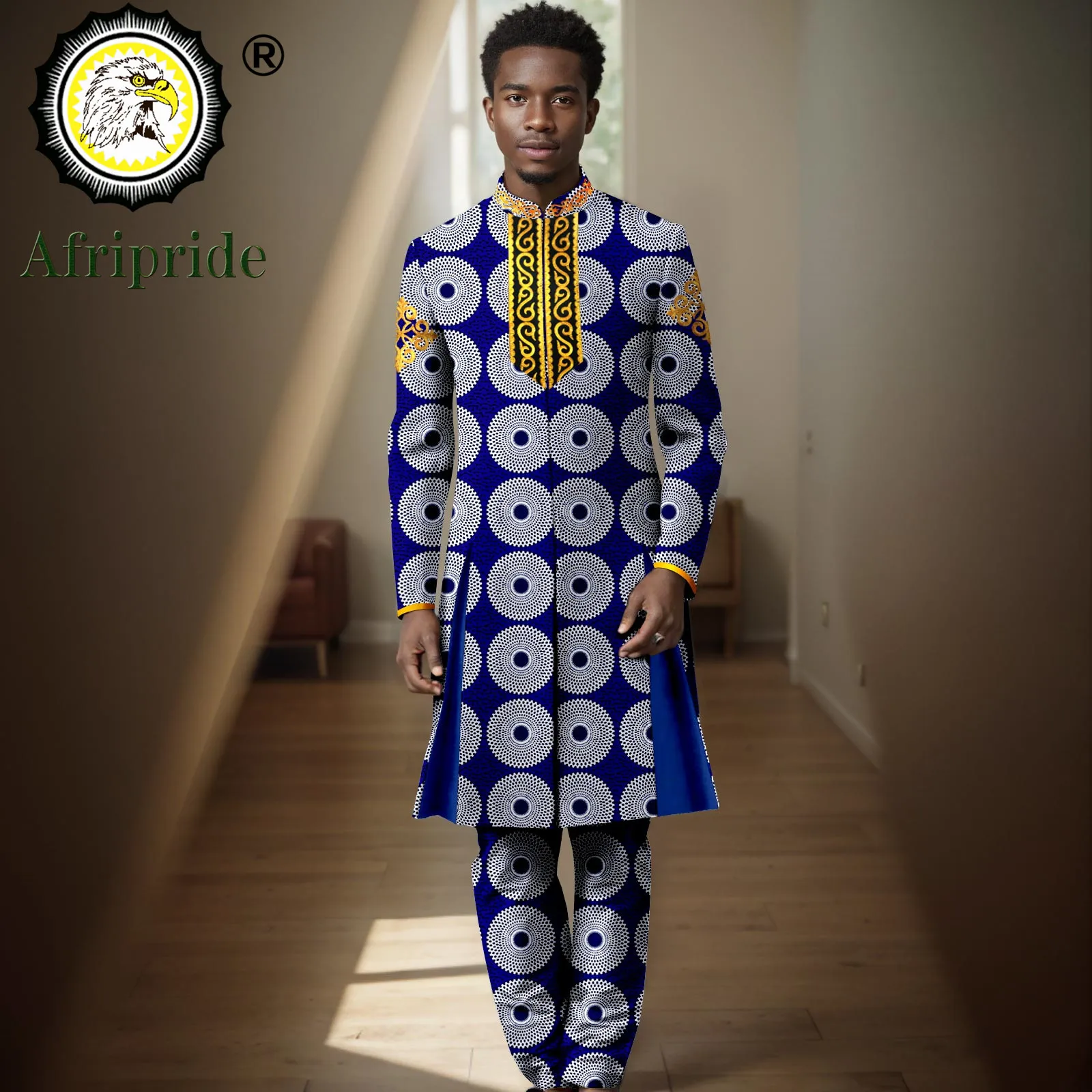 Men`s Suits African Clothes Embroidery Lined Print Long Blazer and Pants 2 Piece Set Formal Outfits Party Wedding Wear 2416074