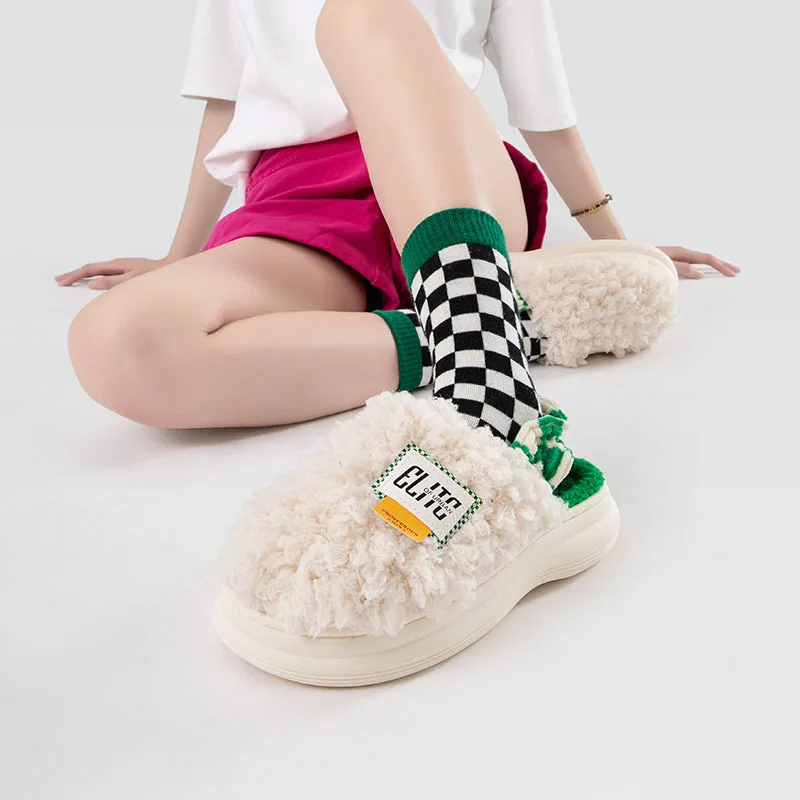 

After Autumn and Winter Straps Plush Fashion Letters Couple Cotton Shoes Non-slip Warm-soled Indoor Slippers Men and Women