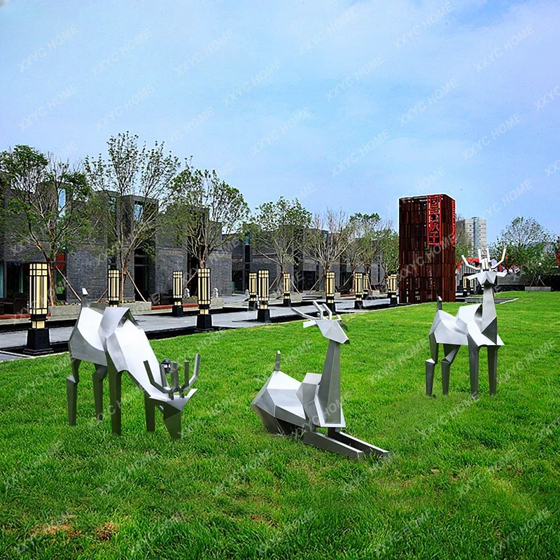 Stainless steel geometric deer park outdoor garden sculpture ornaments hotel sales office courtyard lawn animal decorations