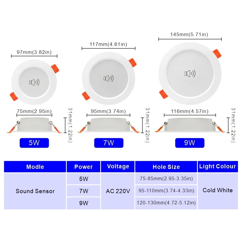 2pcs/lot Led Downlight 5W 7W 9W 220V Sound Sensor Ceiling Light 2.5/3/4 inch Round Led Panel Down Light Voice Control Spotlight