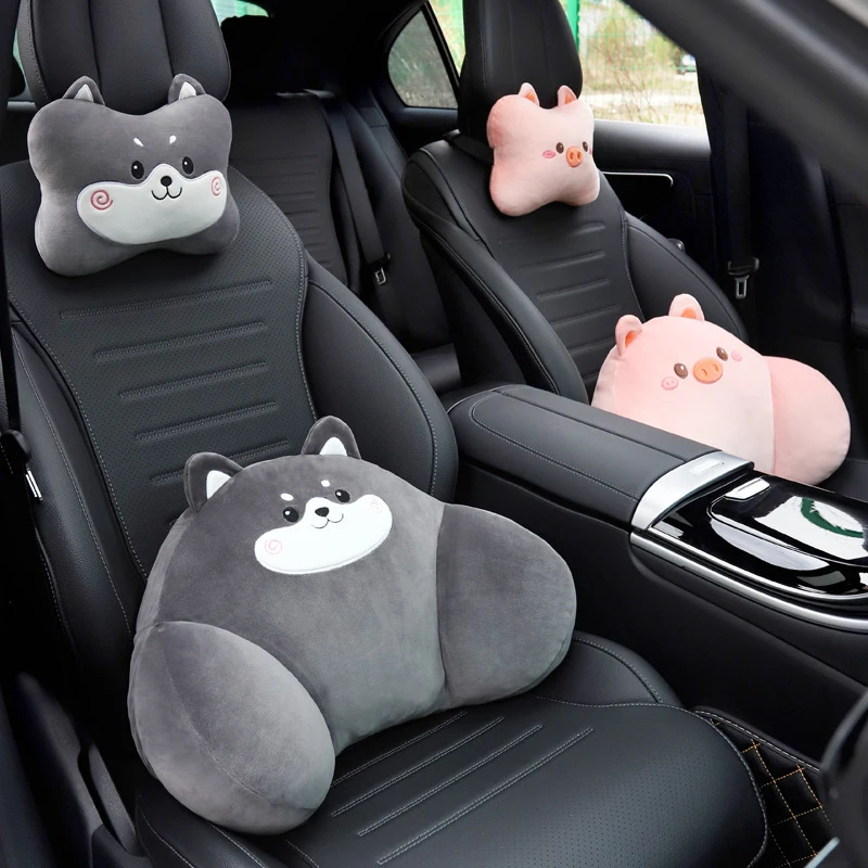 1Set Cute Cartoon Plush Car Headrest Neck Pillow Waist Back Cushion Auto Interior Decoration DIY Accessories
