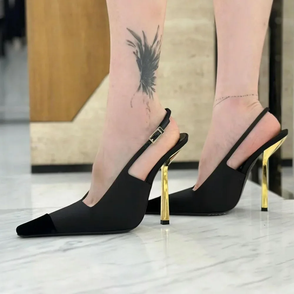 

Satin Fabric Patchwork Metal Heel Pumps Sexy Square Toe Thin Heel Slingback Buckle Strap New Arrivals Fashion Women Modern Shoes