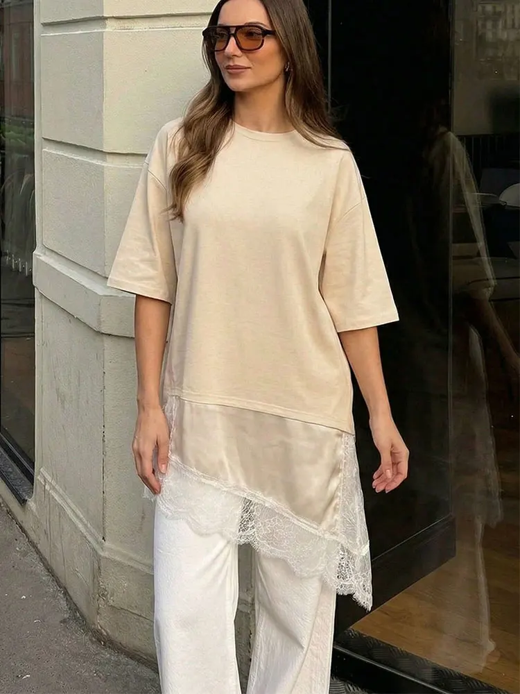 HH Damen Lässiges Oversize T-Shirt mit Asymmetrischem Satin-Spitzenbesatz Elegante Bequeme Kurzarm-Bluse Schicke Damen-Oberteile