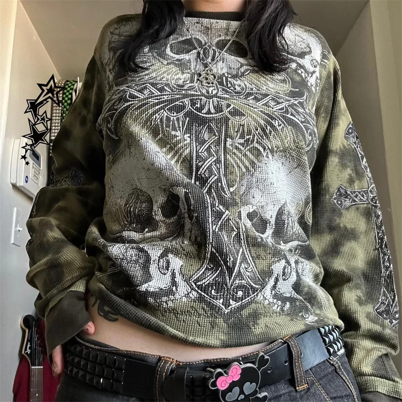 Y2k Gothic Grunge Cross nadruk z czaszką t-shirt damski jesienny długi rękaw 90s E Girl Vintage galer pulowery Emo Alt topy