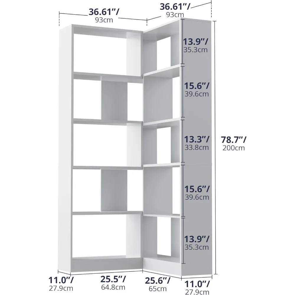 5 Tiers Display Storage Shelves 78 in Tall Bookcase Home Modern L-Shaped Design Furniture for Home Office, Living Room, Bed Room