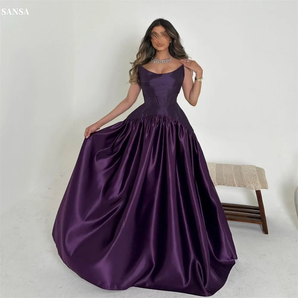 Sansa Elegant Deep purple Strapless Party Dresses Square Collar A-line Pleats de fiesta Satin Back Zippe Floor-Lengthفساتين سهرة