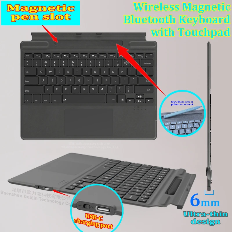 Keyboard magnetik nirkabel Bluetooth dengan touchpad dengan lampu latar touchpad dengan stylus Aksesori Microsoft untuk tablet Surface pro8 Surface pro9 dan Surface proX