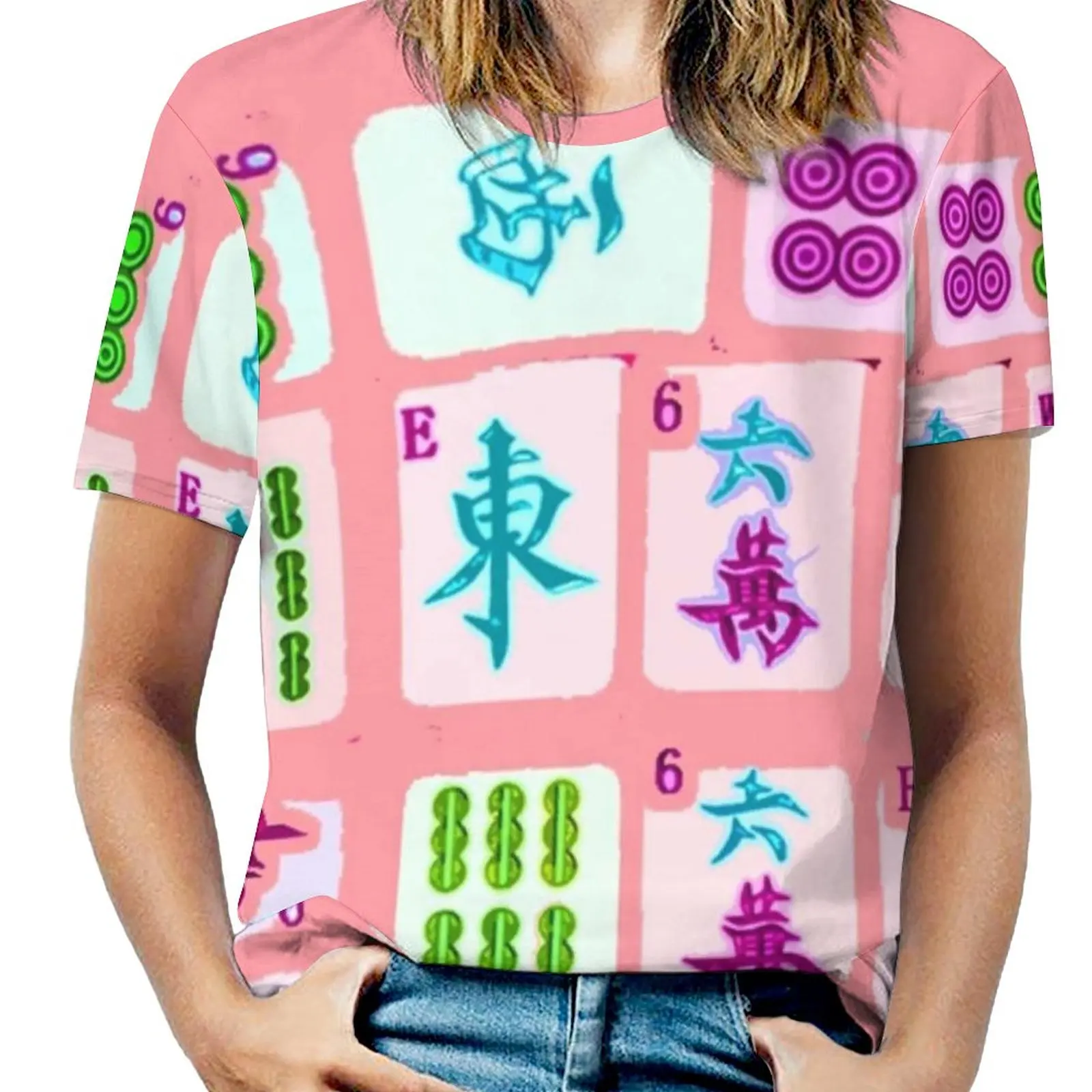 Pretty In Pink Women Zipper Sexy Printed Vintage T Shirts Tops Full Print T-Shirt Mahjong Mahjongg