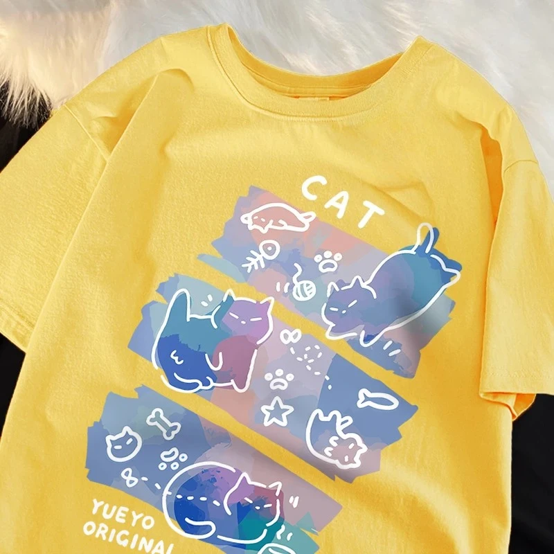 Diversão gato travesso impresso estilo japonês camisetas moda feminina respirável verão camisetas casuais roupas criativas