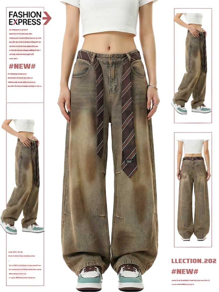 

Retro Waed American Sle Women's Loose Jeans Destructed Wide Leg Pants High Waist Denim Casual Trousers for Young Ladies