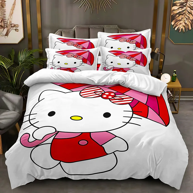 Cute Cartoon Hello Kitty Printed Home Wygodny zestaw pościeli Miękka trzyczęściowa poszewka na kołdrę Dziewczyna Dorosły Pełny rozmiar