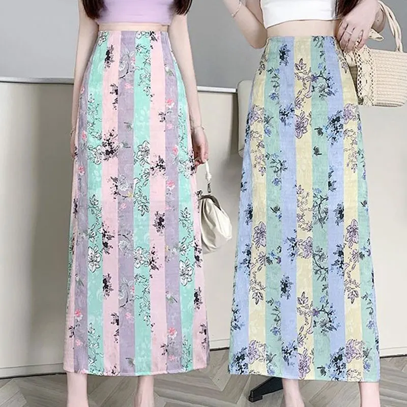 

Female Clothing Vintage Broken Flowers Skirts Spring Summer Stylish Contrasting Colors Folk Split High Waist A-Line Midi Skirts