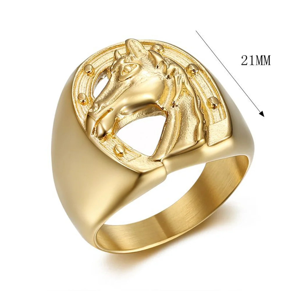 Punk Horseshoe Horse Head Ring Wholesale Male Gold Color Stinless Steel Animal Big Rings For Men Fashion Party Jewelry Gift