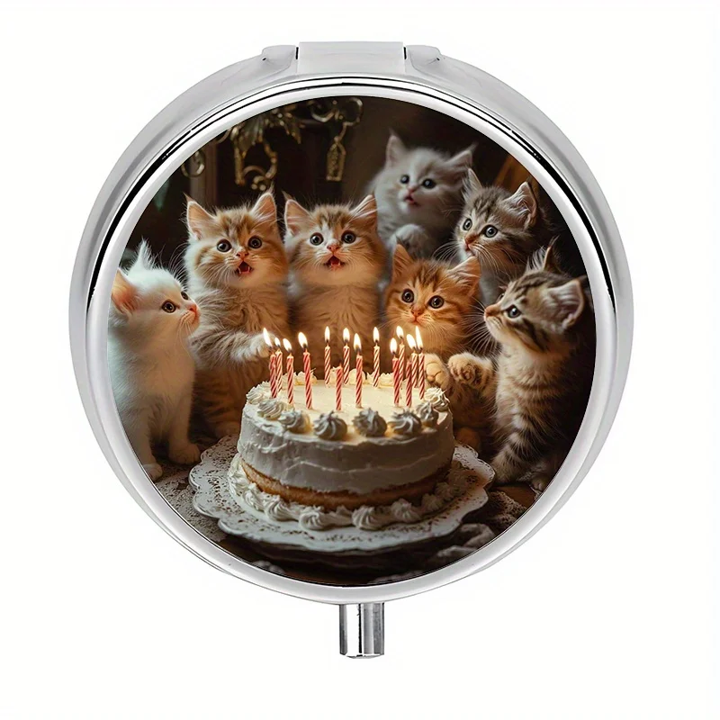 1 Pill Box with 3 Compartments, Cute Kitten Birthday Cake Themed Mini Pill Box, Pill Organizer, Perfect for Travel and Storing Vitamins