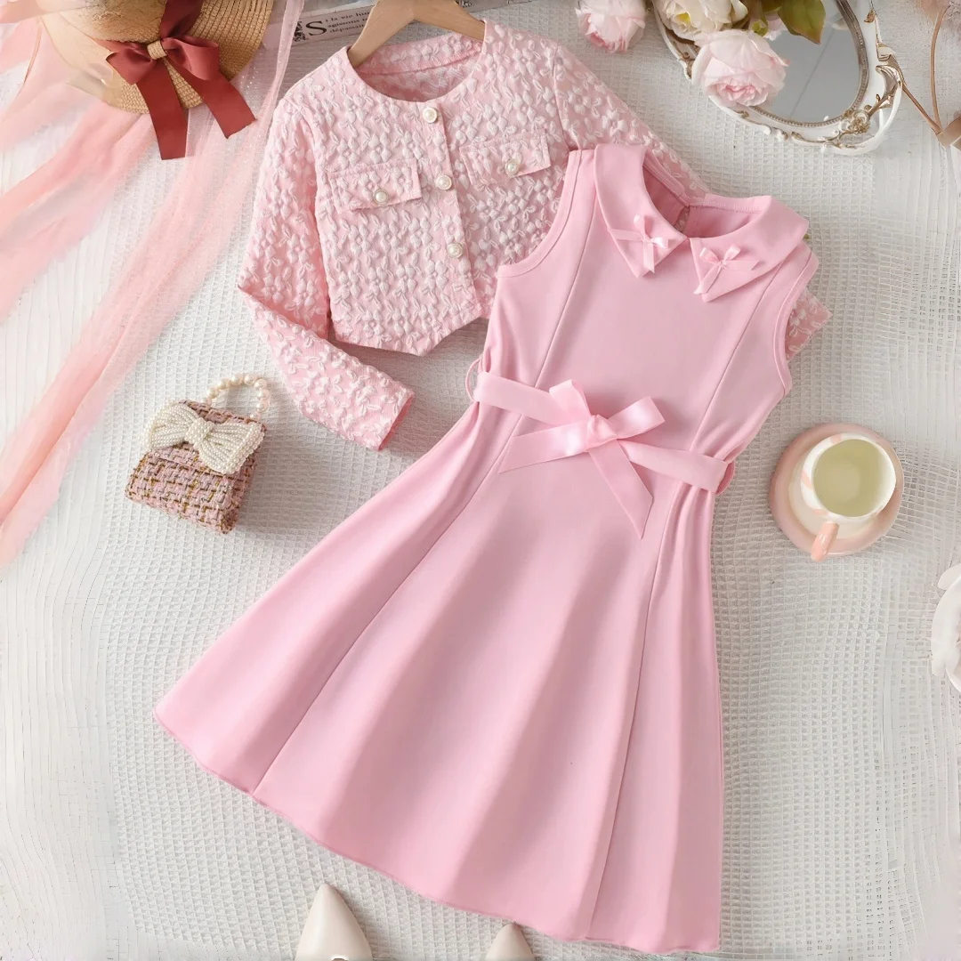 طقم مكون من قطعتين للفتيات الصغيرات وجيب صناعي ورقبة دائرية وسترة كورية بأكمام طويلة مع حزام ملابس للمراهقات