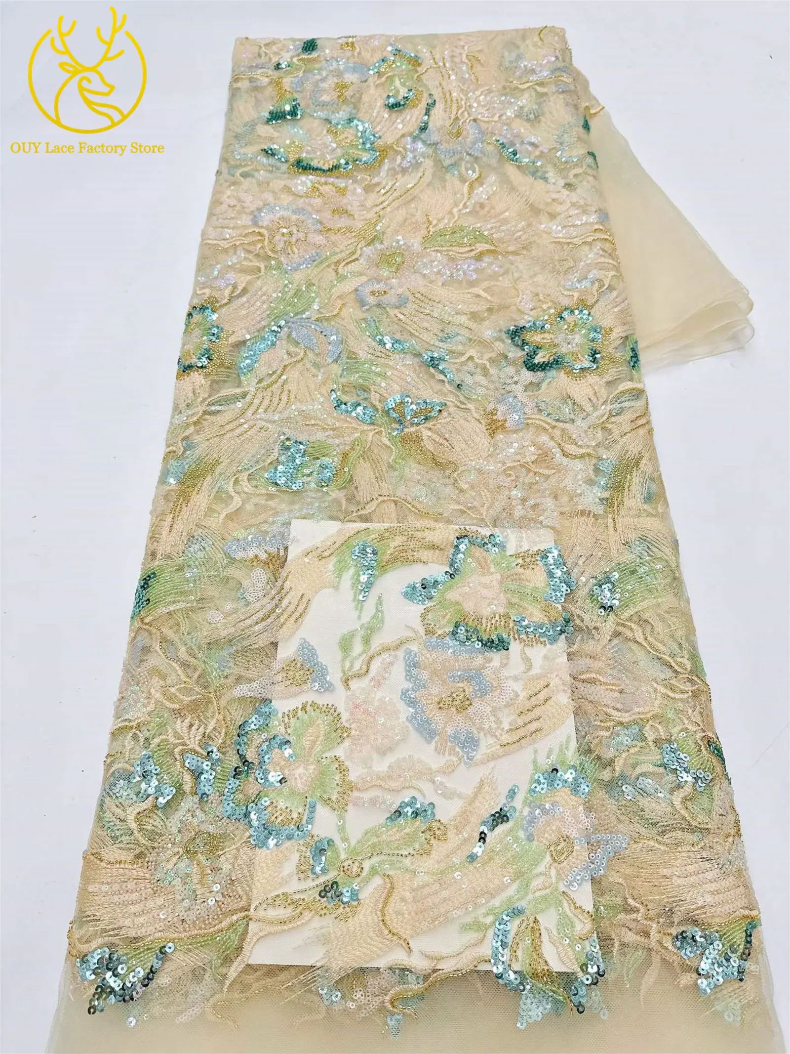 Afrikanischer Stickerei-Tüll-Pailletten-Spitzenstoff, 5 Yards, hochwertiger französischer nigerianischer Perlen-Mesh-Spitzenstoff für Hochzeitsnäharbeiten – Detail 19