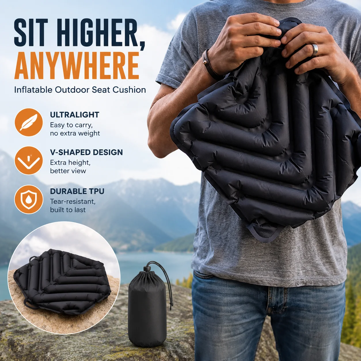 Inflatable Outdoor Seat Cushion TPU Ultralight Camping Cushion V-Shaped Stadium Seat for Concert Extra Height