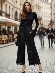 Bonboho Women's Solid Color High Waist Straight Pants Polka Dot Hollowed Loose Fit Streetwear Trousers Casual Commuter Bottoms