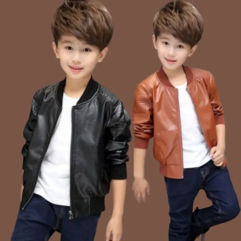 Boys Coats Autumn Winter Fashion Children\'s Plus Velvet / No Velvet Two styles Warming Cotton PU Leather Jacket For 2-14Y Kids