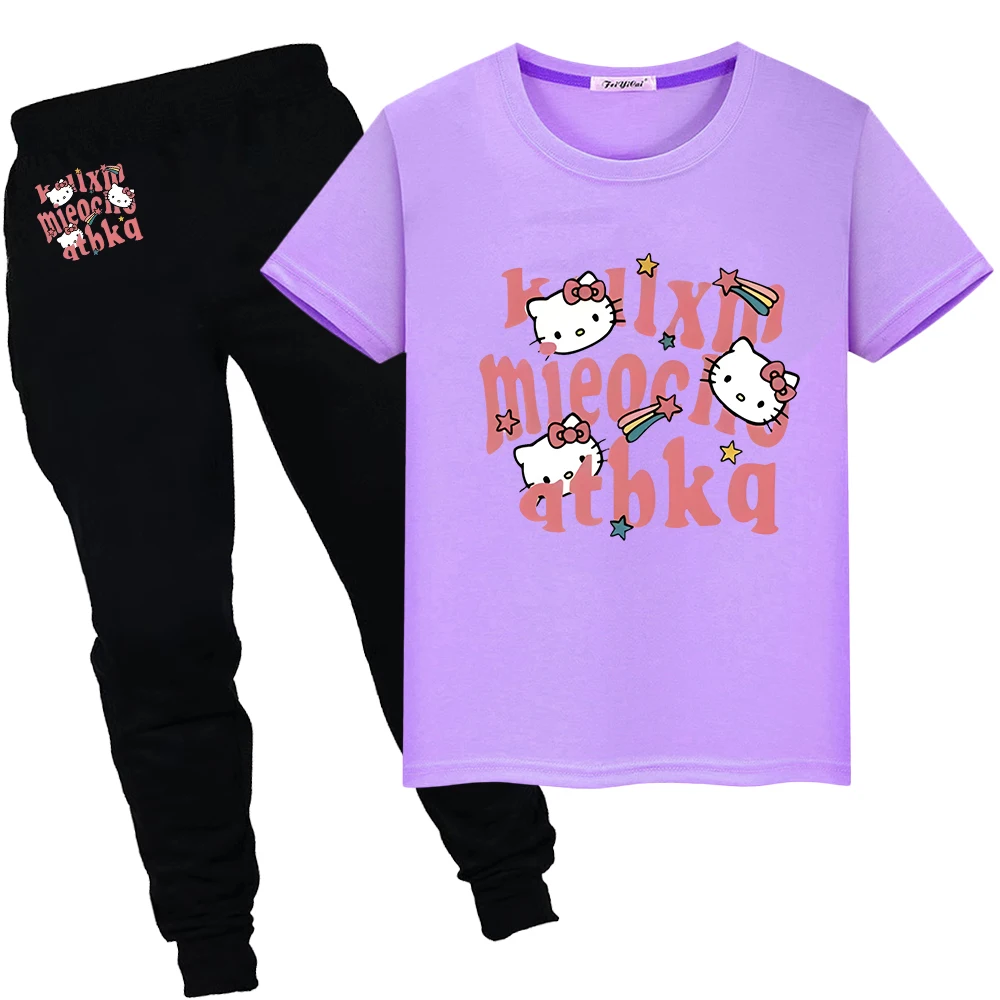 

hello kitty Print 100%Cotton Cute T-shirt Short+pant Summer anime Tshirts boys girls clothes Kawaii Sports Sets kid holiday gift