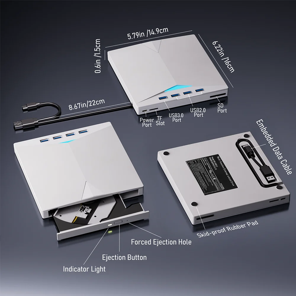 7-in-1 외부 DVD RW 광학 드라이브 CD 버너 리더 플레이어 USB 3.0 Type-c 광학 드라이브 외부 PC 노트북 데스크탑