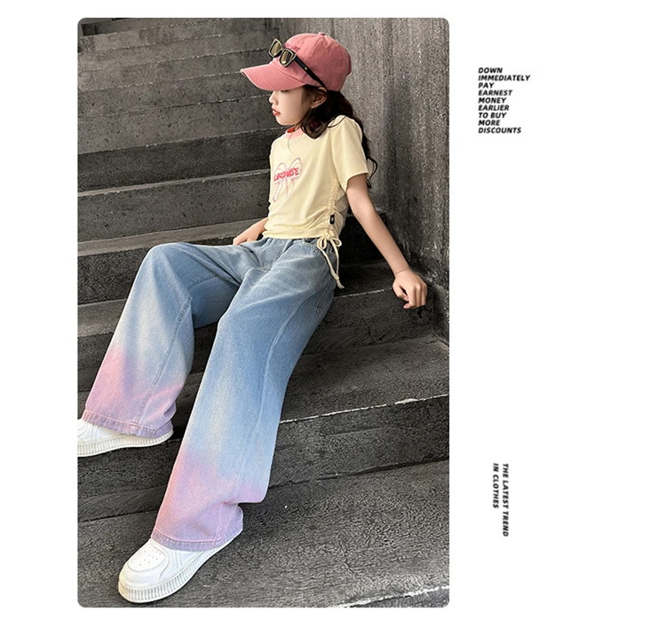 Teenager-Cowgirl-Jeans mit weitem Bein für Mädchen, Farbverlauf-Denimhose, Kinder-Oberbekleidung, lange Hose, Mädchenkleidung 5-14 Jahre – Detail 3