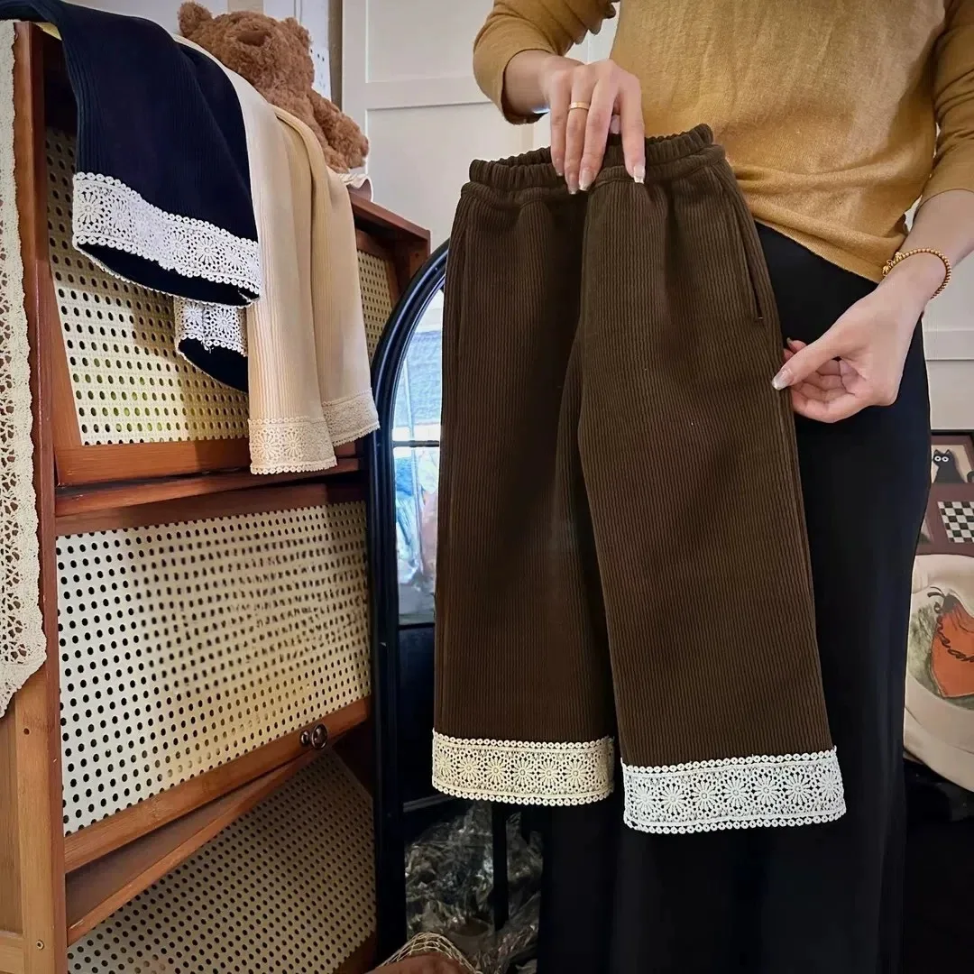 

Lace Corduroy Straight Leg Pants Autumn and Winter New Warm and Fashionable Solid Color Cute All-match Casual Pants