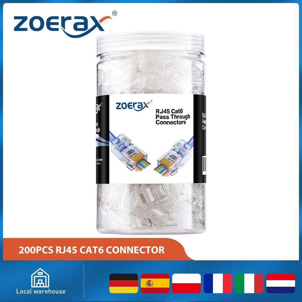 ZoeRax 200-pack RJ45 Cat6 doorvoerconnector RJ45 modulaire stekkers voor CAT6 CAT5E massieve of gestrande FTP/UTP-kabel