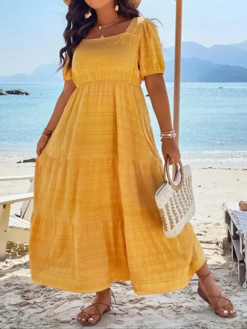 حجم كبير 1XL-5XL أزياء المرأة ساحة الرقبة بلون فستان بأكمام قصيرة السيدات عارضة ألف خط تنورة فستان طويل