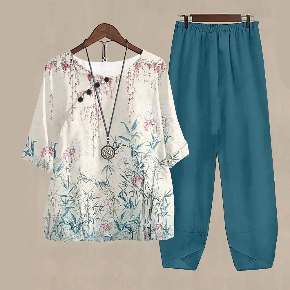 Women Round Neck Short Sleeve Suit Flower Print Elegant Two Piece Sets Female Outfits High Waist Loose Pants Ladies Suit Summer
