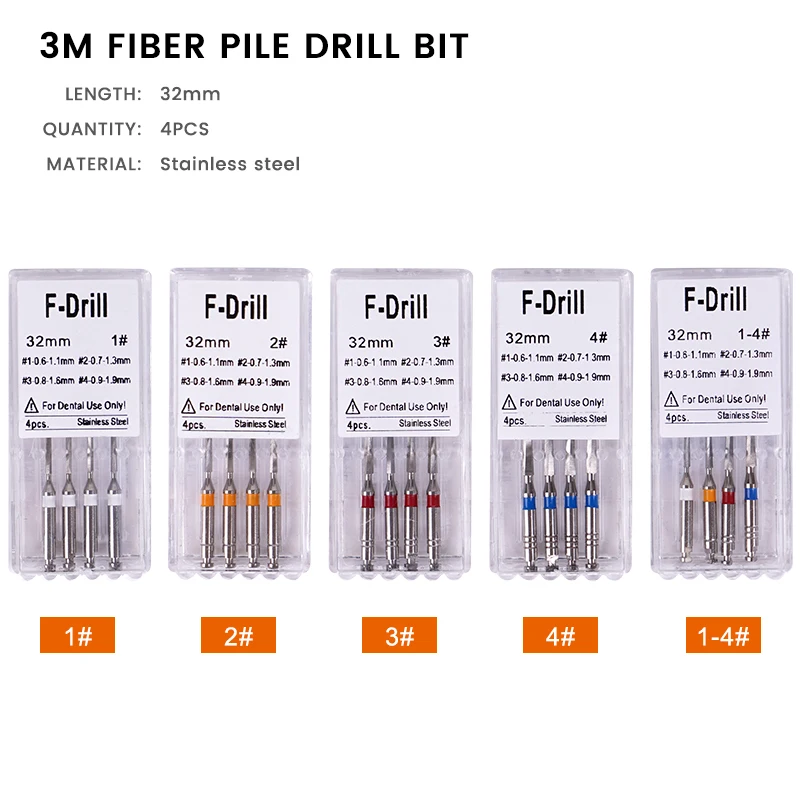 4pcs/box Dental Fiber Drill Metal Reamers Drills Bit For Fiber Post Engine Endodontics Files Refills