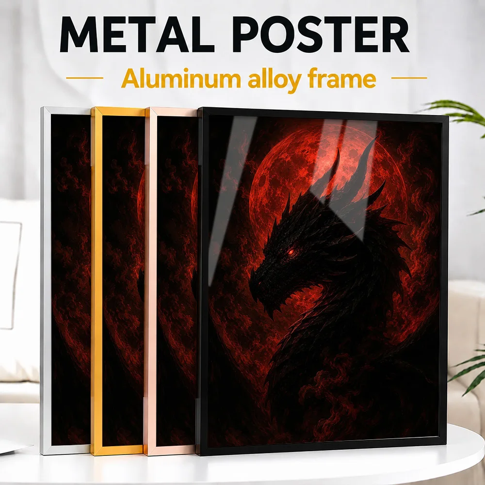 Dark Dragon Against Red Moon Metal Poster With Aluminum Alloy Frame Personalized Cosmic Perspective Wall Art Ideal For Office