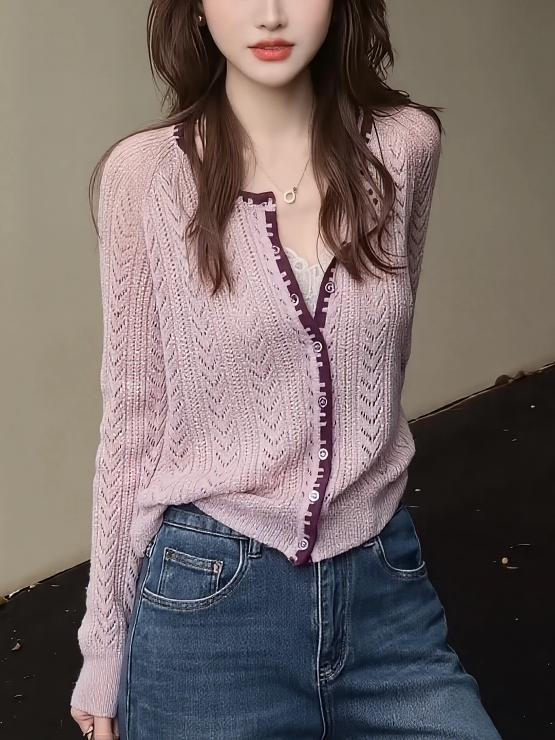 

Элегантный вязаный кардиган Ele Gentle Color Blo для женщин: дышащий, для многослойных образов, весна-осень, модный, омолаживающий эффект