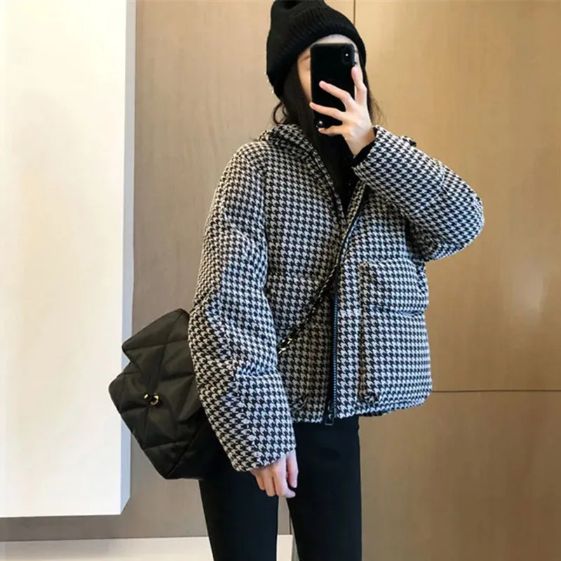 Women Thousand Bird Grid Down Cotton Outwear Autumn Winter Female Thin Cotton Padded Coat Korean Lady Long Sleeves Puffer Jacket