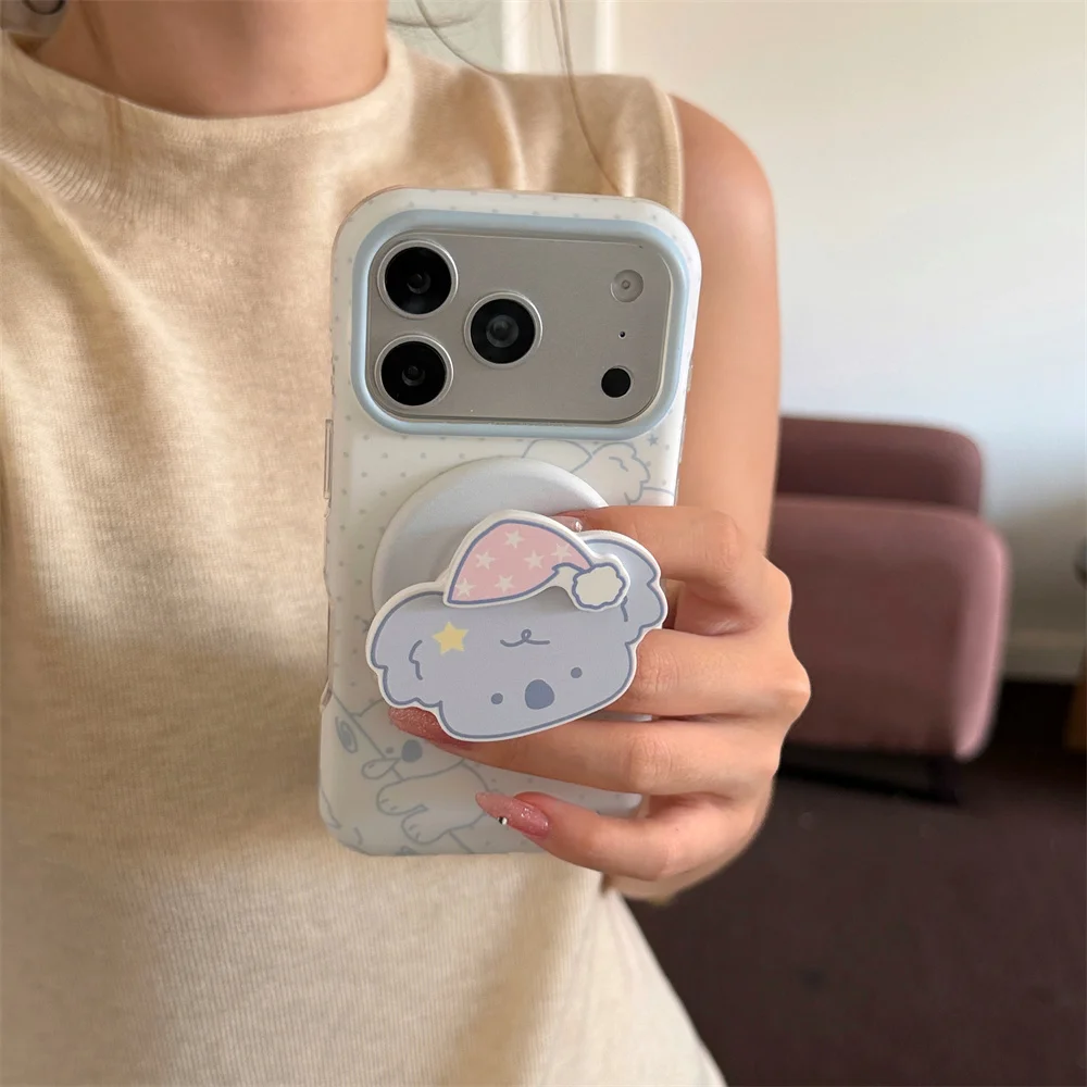 Cute Sleepy Koala Magnetic Stand Phone Case For iPhone 17 16 15 Pro Max Kawaii Polka Dot Shockproof Soft Protective Back Cover