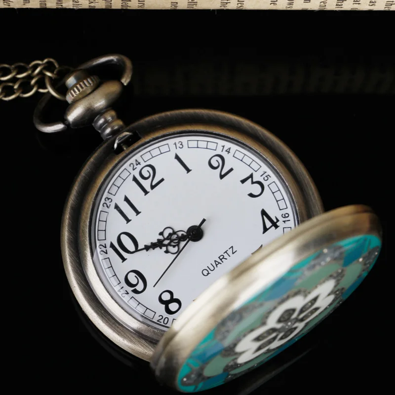 Retro Jade Antique Bronze Pocket Watch for Women Lady Girl Friend Mother Exquisite Gifts Necklace Clock Pendant Watch with Chain