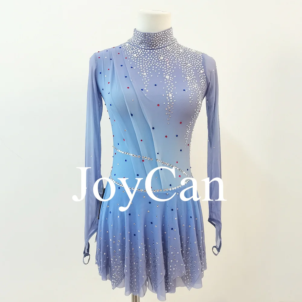 JoyCan-vestido de patinaje artístico para niñas, estampado azul, diamantes de imitación brillantes, leotardos de competición personalizados