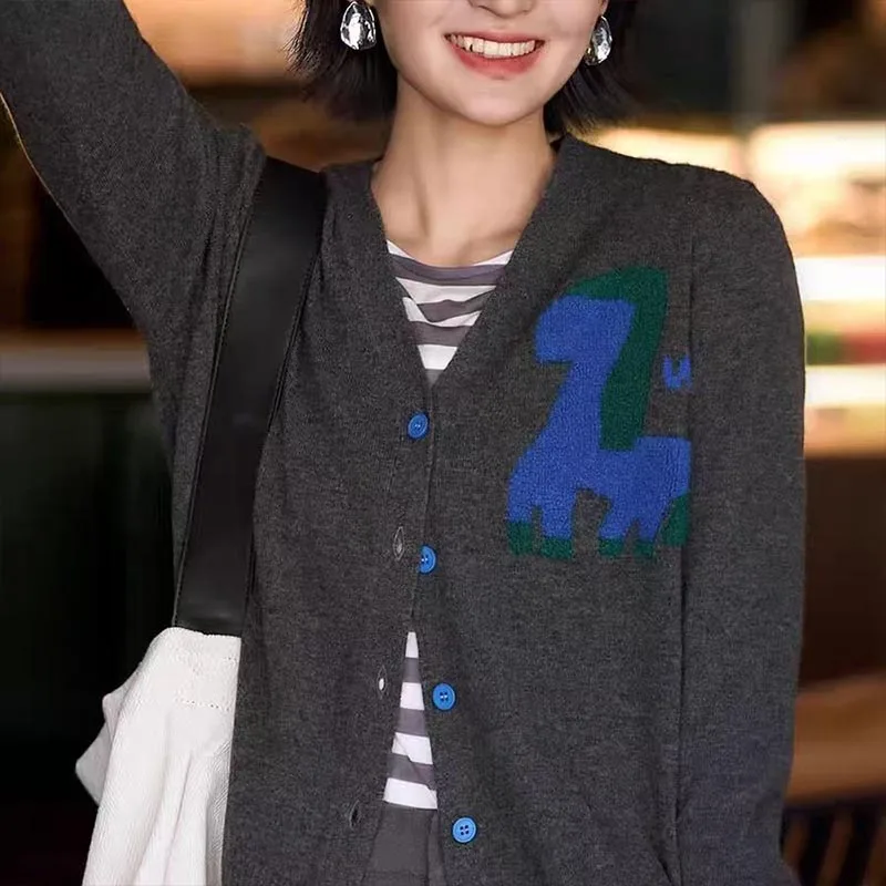 Women's Clothing Chic All-match Pony Embroidery Sweaters Autumn Winter Casual V-neck Single Breasted Knit Cardigan Lady Y2k Tops