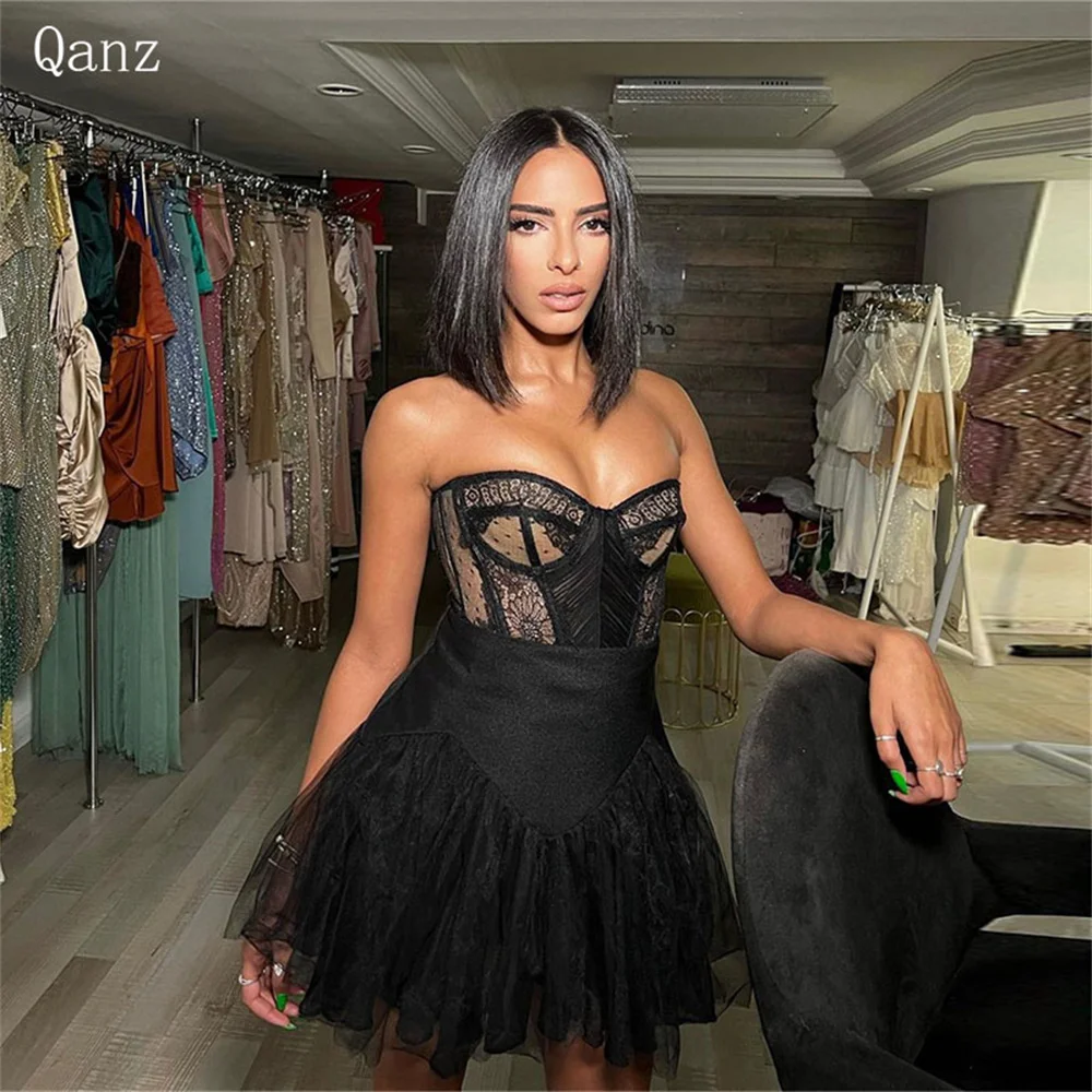 

Qanz Sexy Prom Dresses Black Lace Mini Party Gowns Strapless Corset Back Cocktail Dresses For Women Tulle Dress Party Night