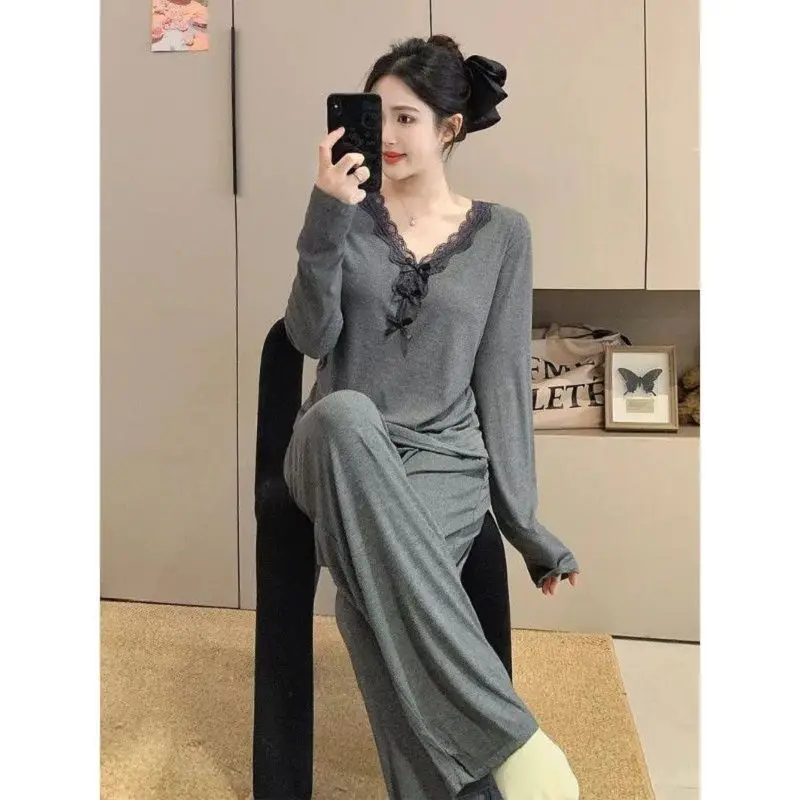 

Large Size Ins Spring Autumn Woman Long Sleeves Trousers Lace Loungewear Pure Cotton Pajamas Suit Female Comfortable Sleepwear
