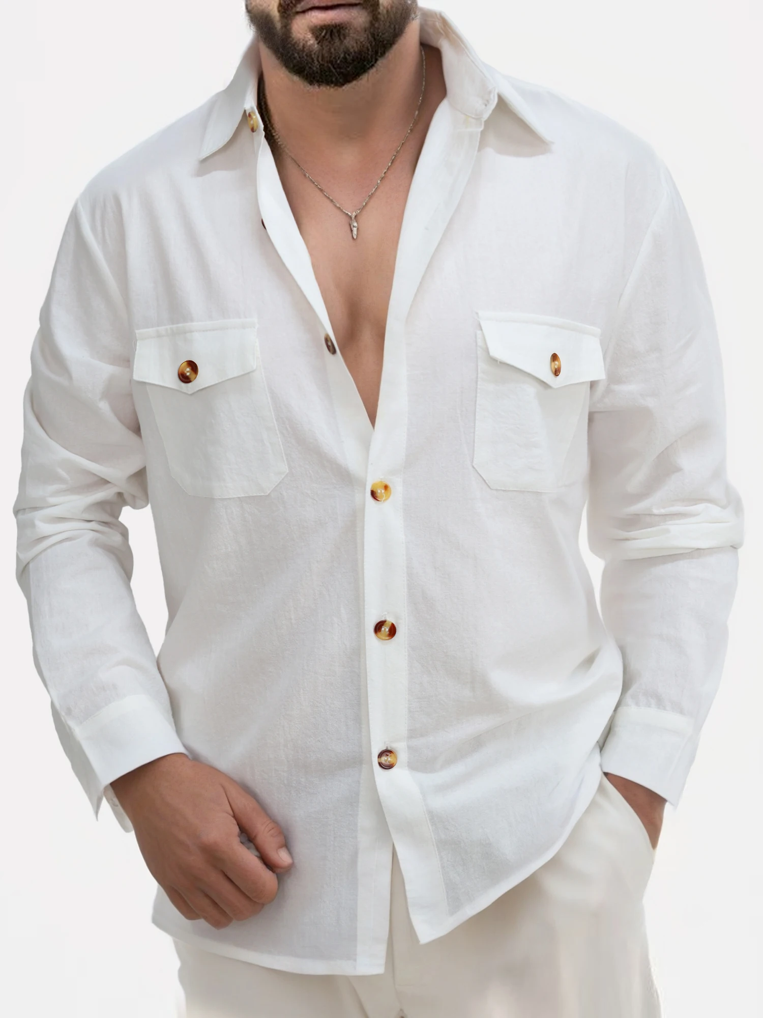 Men\'s Cotton Linen Shirts Turn Down Collar Solid Hawaiian Shirt Lightweight Breathable White Shirt Casual Large Size Streetwear