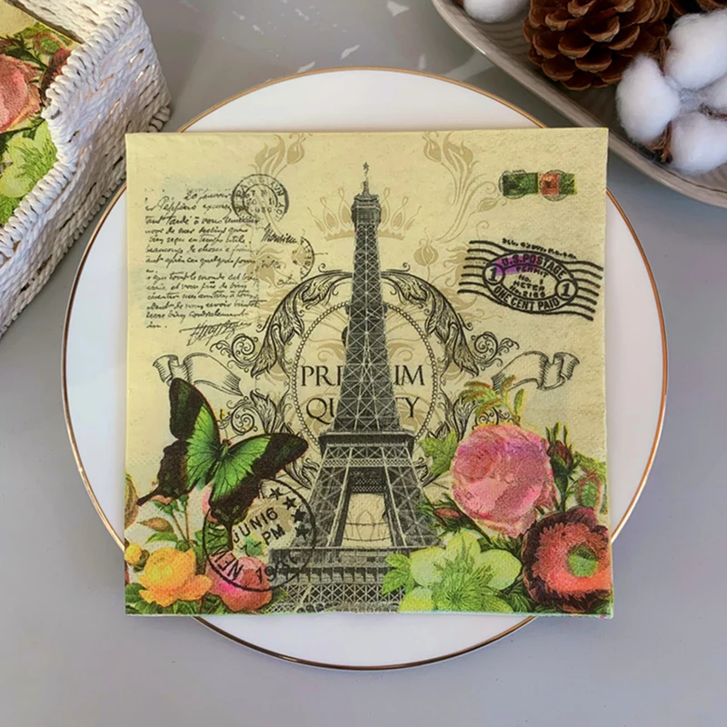 20Pcs/8Pcs Wieża Eiffla Architektura stołu Decoupage Serwetki papierowe Vintage Architektura Chusteczki papierowe na wesele Materiały imprezowe