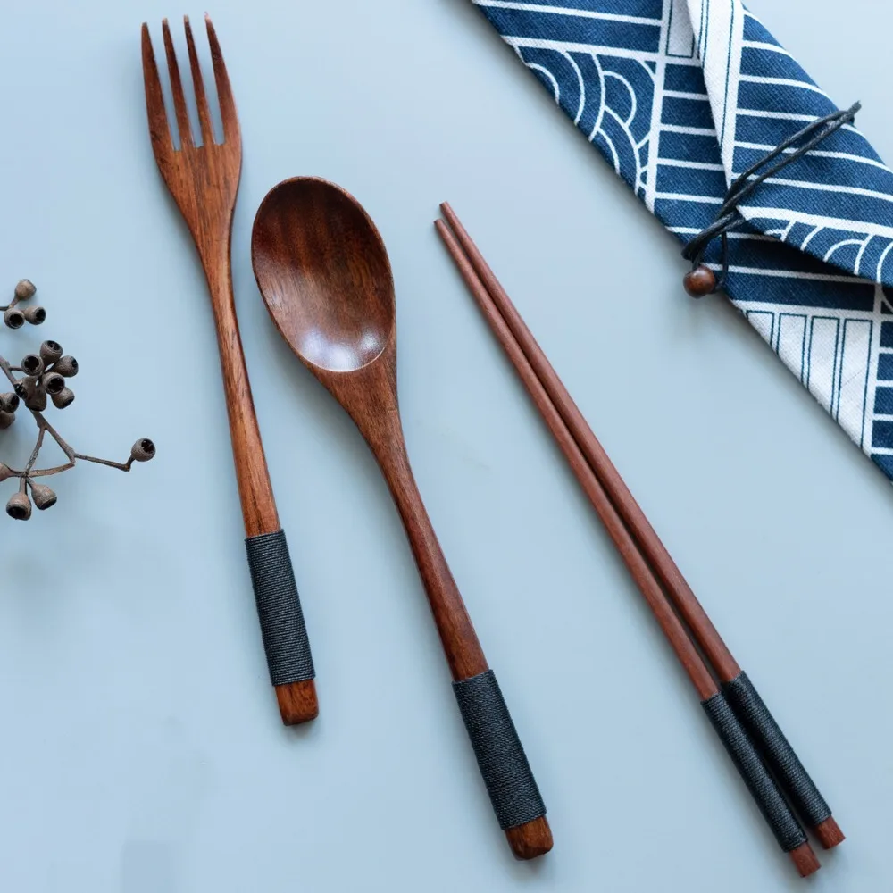 3-piece set, Japanese wooden convenience tableware, spoons, forks, and chopsticks